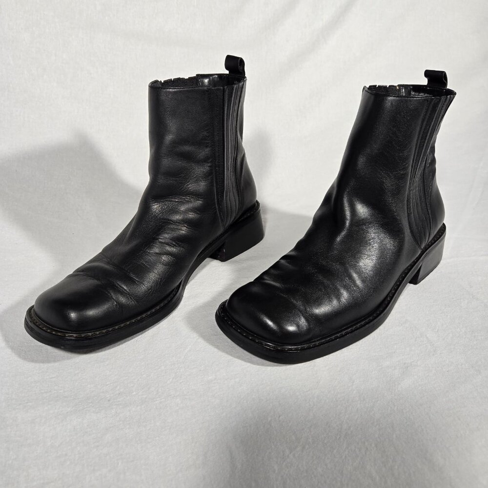 Vintage Y2K 90's BLACK Leather Chunky Platform Block Heel Chelsea Boot Size 10M - Picture 3 of 17